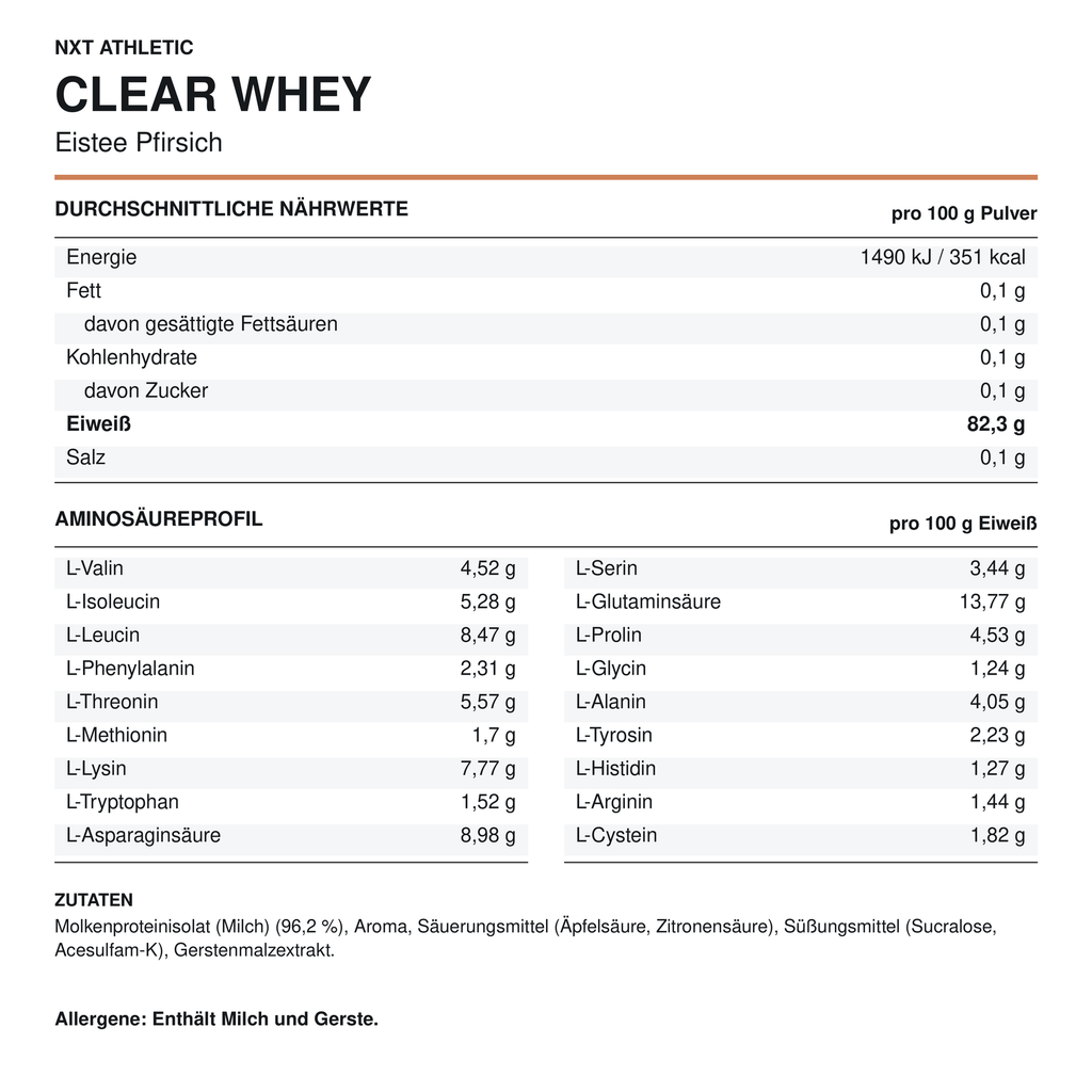 NXT Athletic Clear Whey Eistee Pfirsich – Nährwerte, Aminosäuren und Zutaten