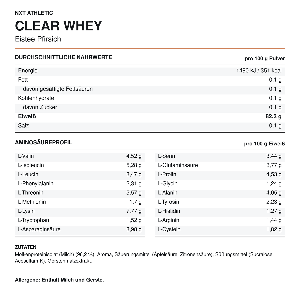 NXT Athletic Clear Whey Eistee Pfirsich – Nährwerte, Aminosäuren und Zutaten