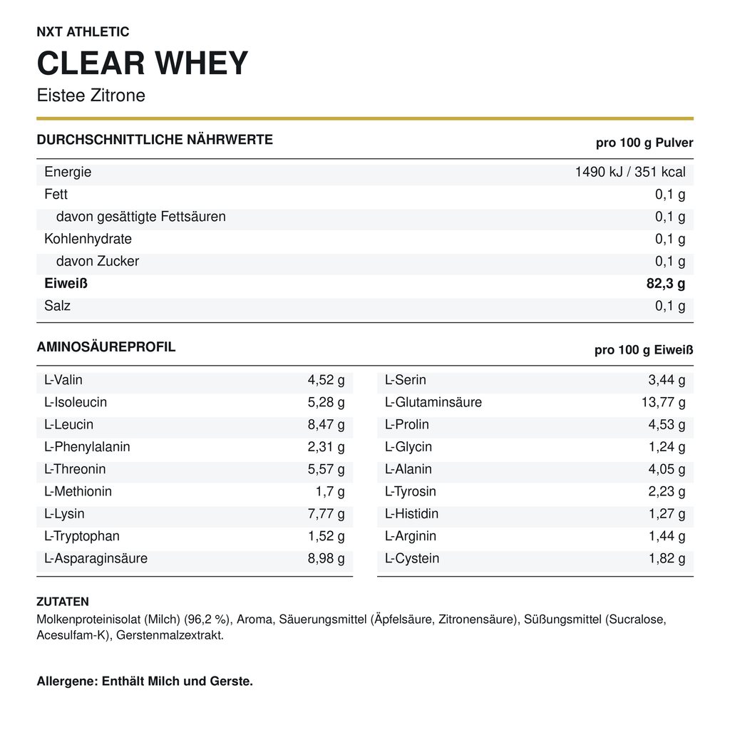 NXT Athletic Clear Whey Eistee Zitrone – Nährwerte, Aminosäuren und Zutaten