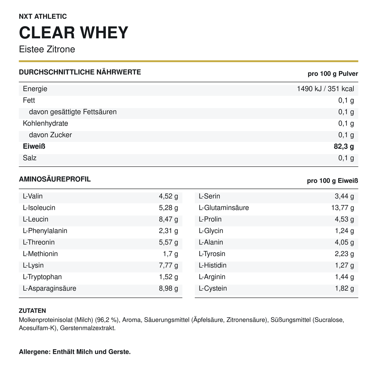 NXT Athletic Clear Whey Eistee Zitrone – Nährwerte, Aminosäuren und Zutaten
