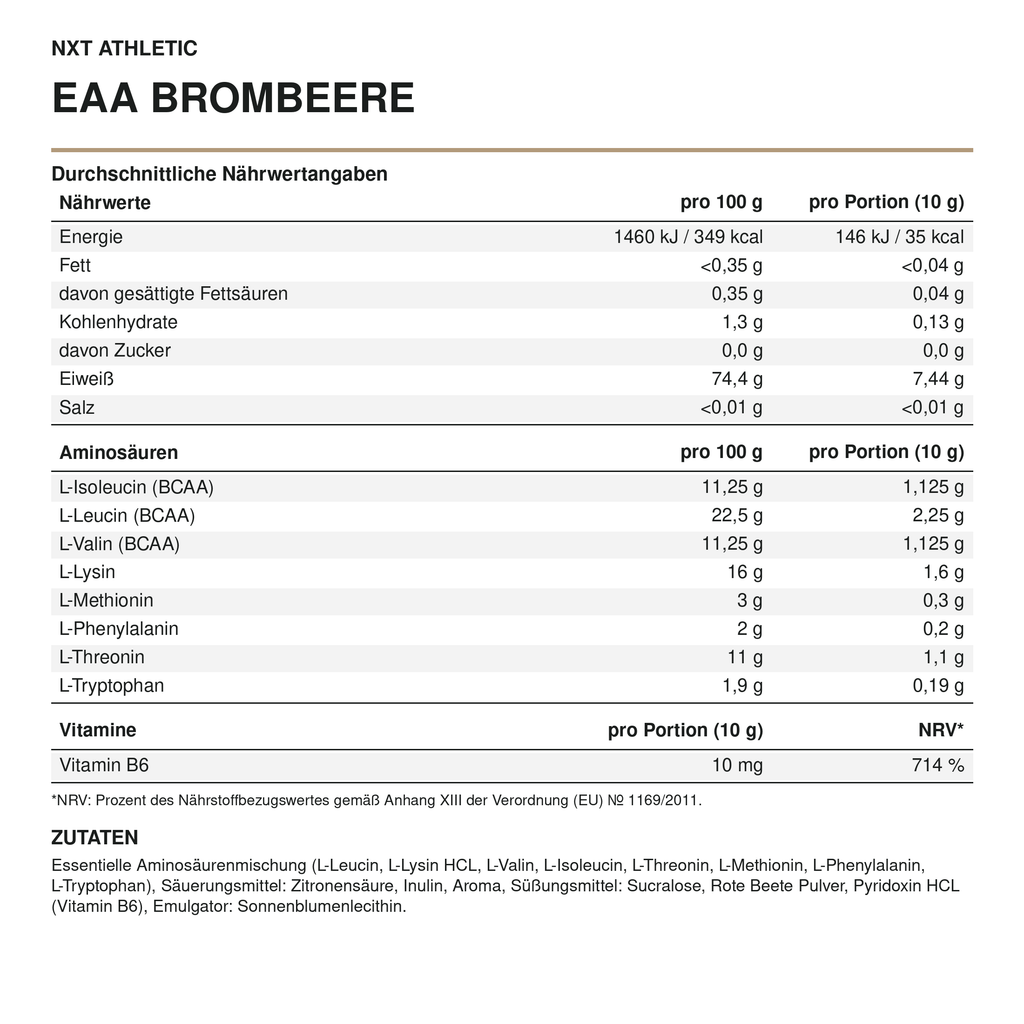 NXT Athletic EAA Brombeere – Nährstoffmengen und Zutaten