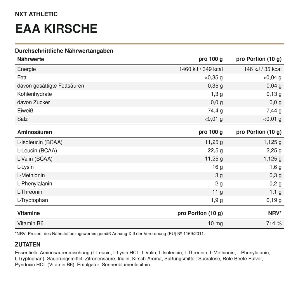 NXT Athletic EAA Kirsche – Nährstoffmengen und Zutaten