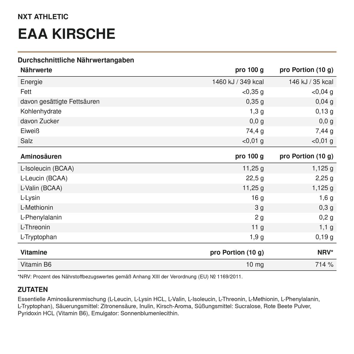 NXT Athletic EAA Kirsche – Nährstoffmengen und Zutaten