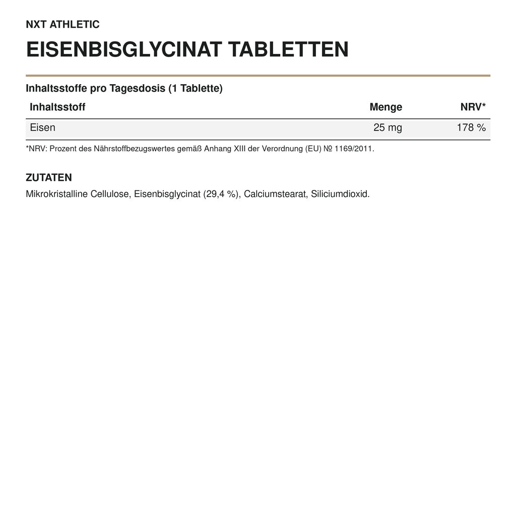 NXT Athletic Eisenbisglycinat Tabletten – Nährstoffmengen und Zutaten