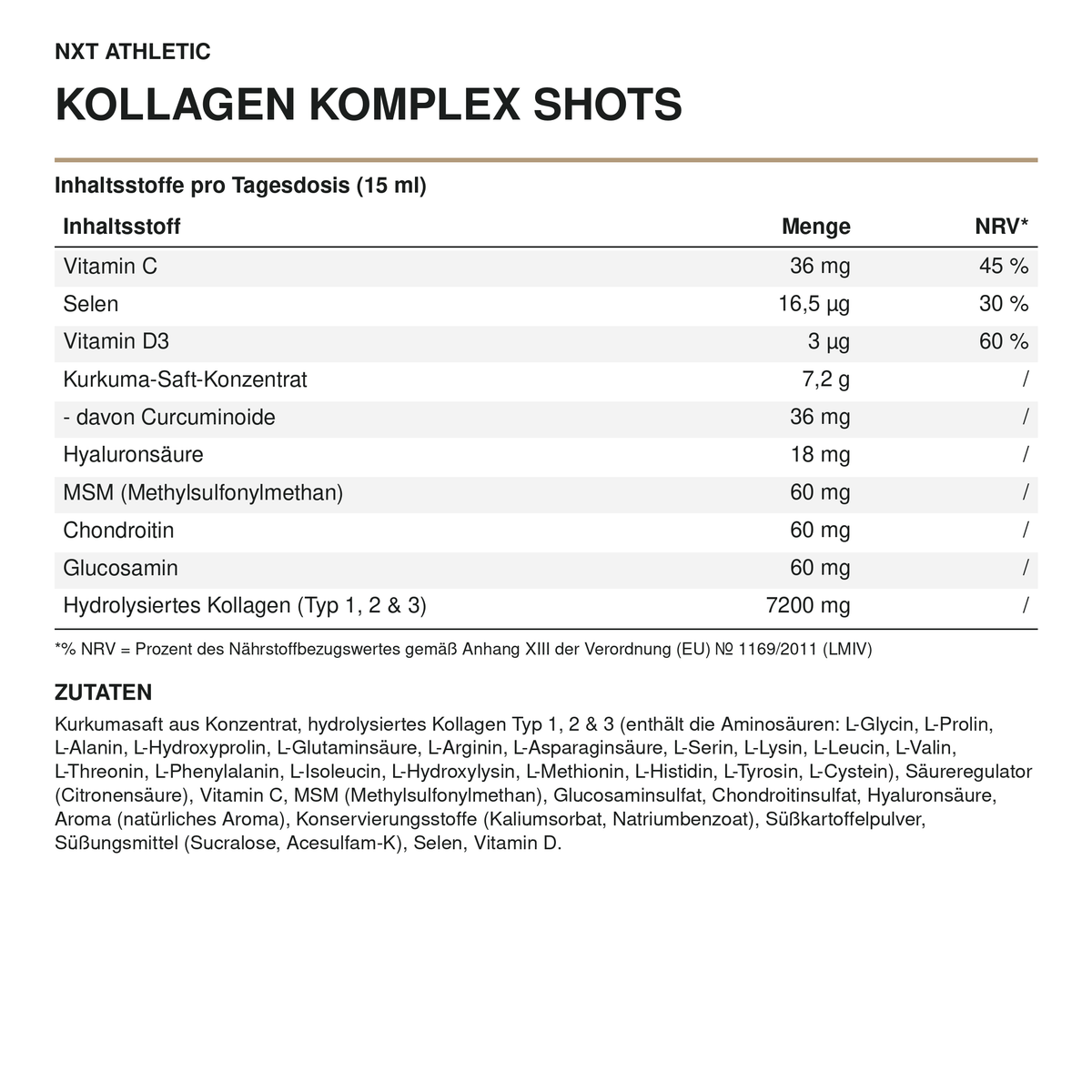 NXT Athletic Kollagen Komplex Shots – Inhaltsstoffe pro Tagesdosis