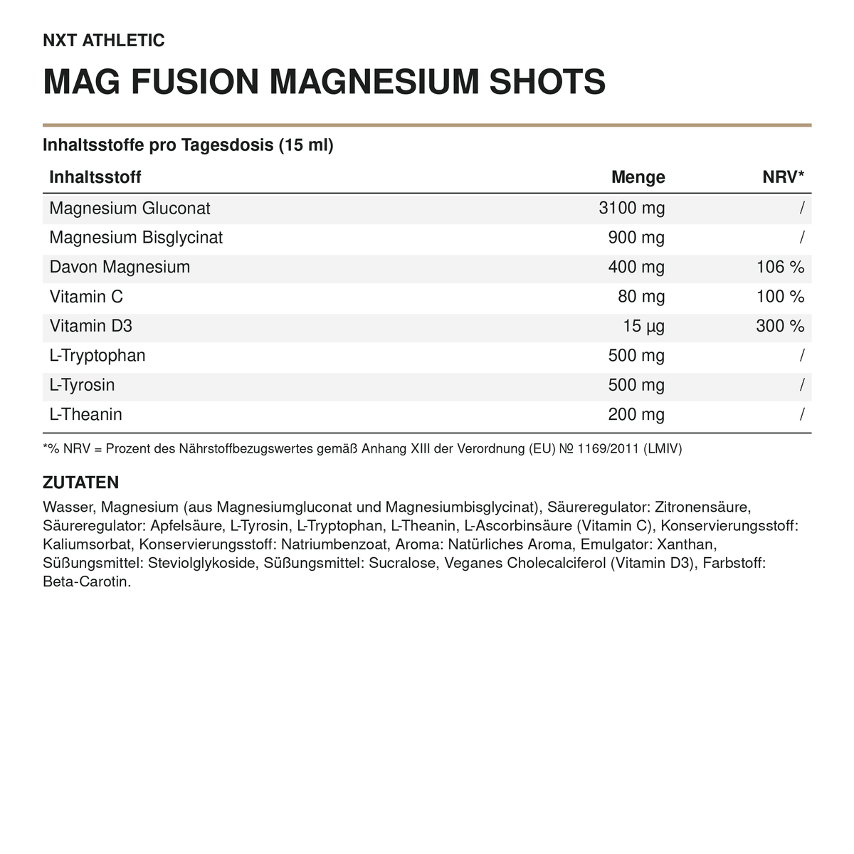 NXT Athletic Mag Fusion Magnesium Shots – Inhaltsstoffe pro Tagesdosis