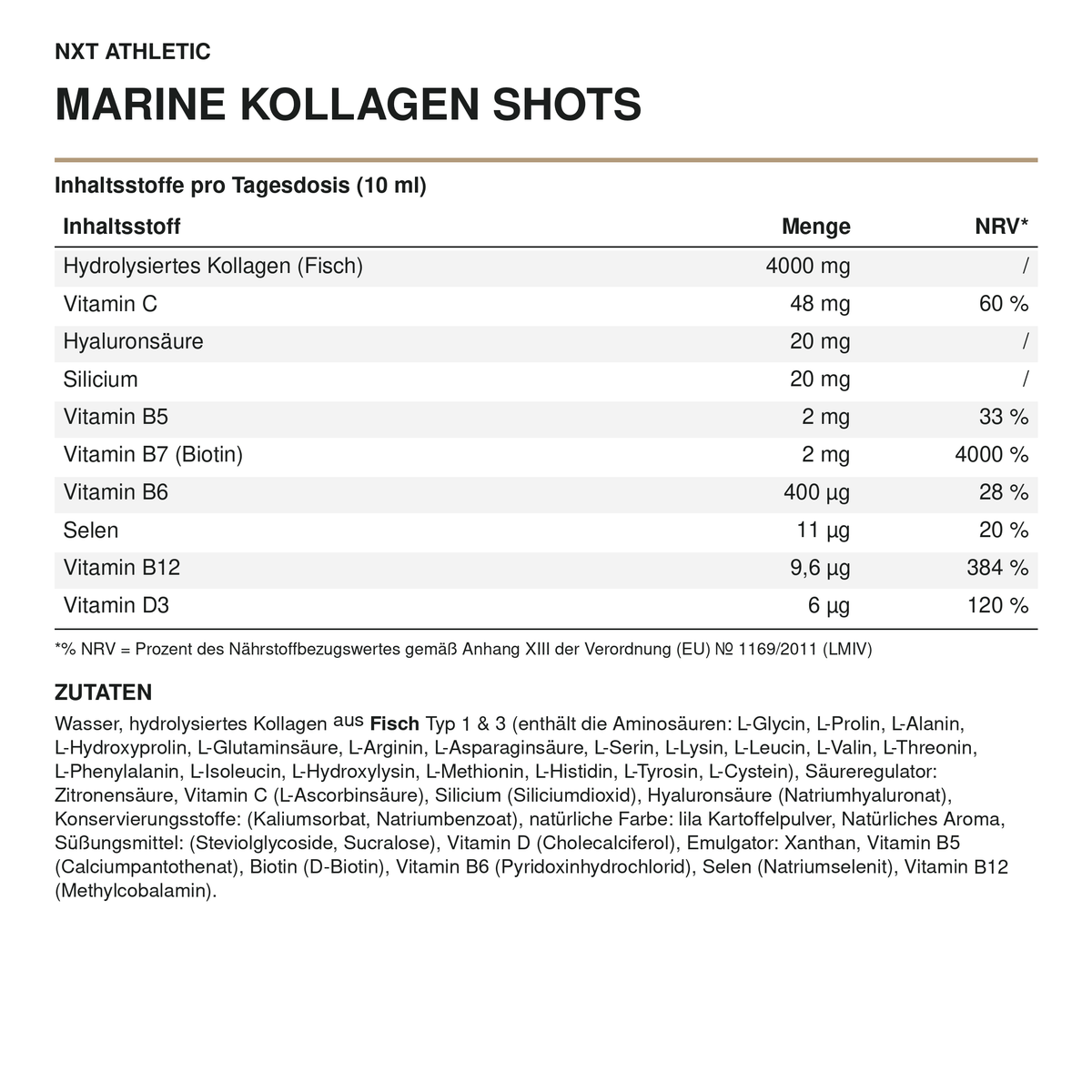 NXT Athletic Marine Kollagen Shots – Inhaltsstoffe pro Tagesdosis