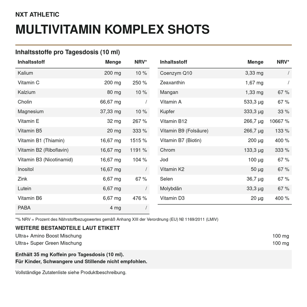 NXT Athletic Multivitamin Komplex Shots – Inhaltsstoffe pro Tagesdosis