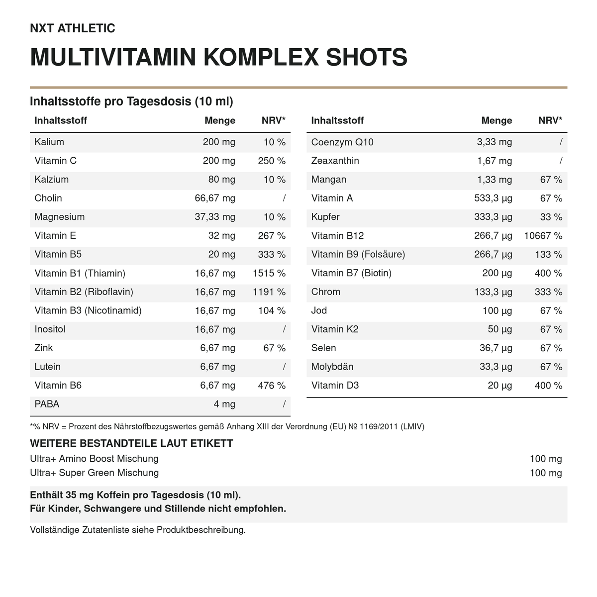 NXT Athletic Multivitamin Komplex Shots – Inhaltsstoffe pro Tagesdosis