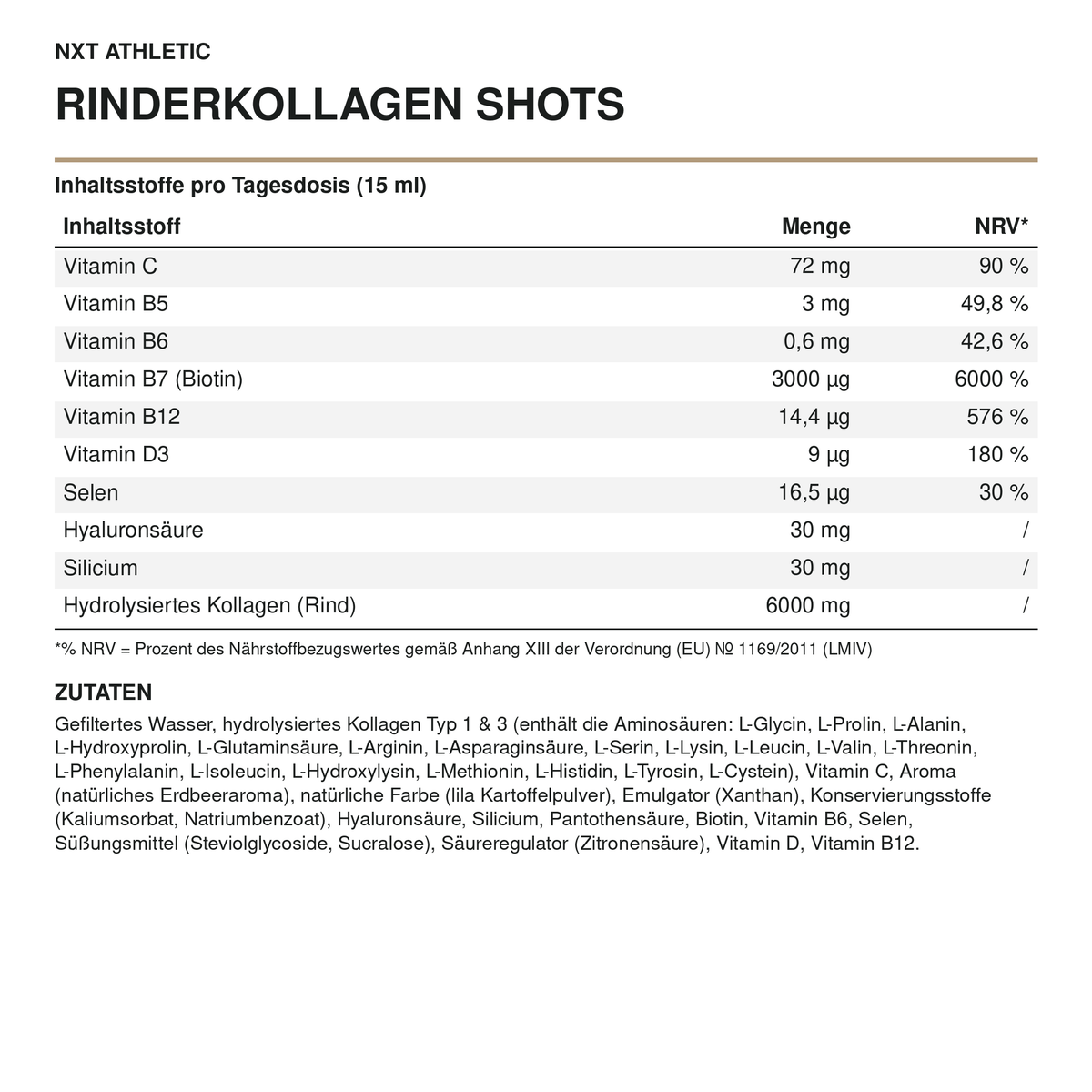 NXT Athletic Rinderkollagen Shots – Inhaltsstoffe pro Tagesdosis