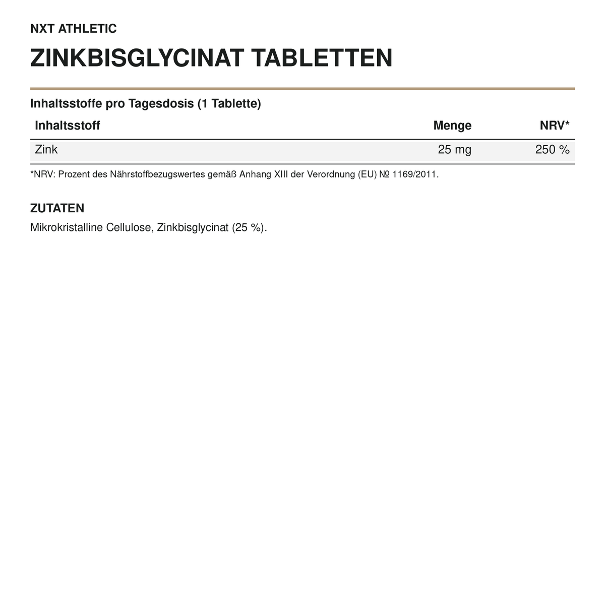 NXT Athletic Zinkbisglycinat Tabletten – Nährstoffmengen und Zutaten