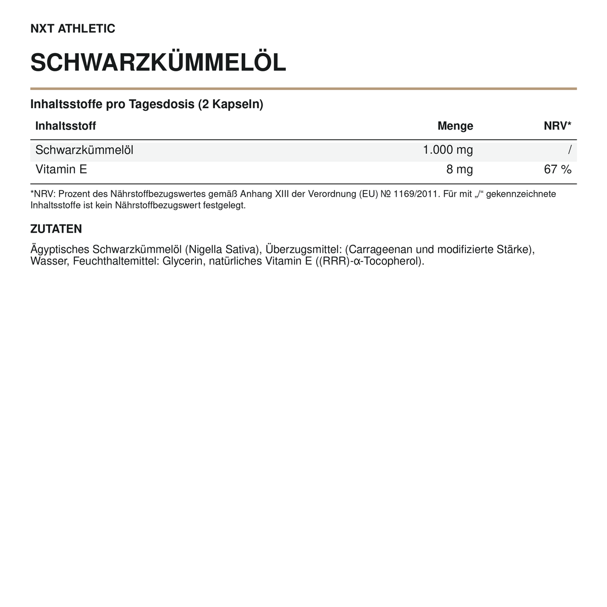 NXT Athletic Schwarzkümmelöl – Inhaltsstoffe, Mengen und Zutaten