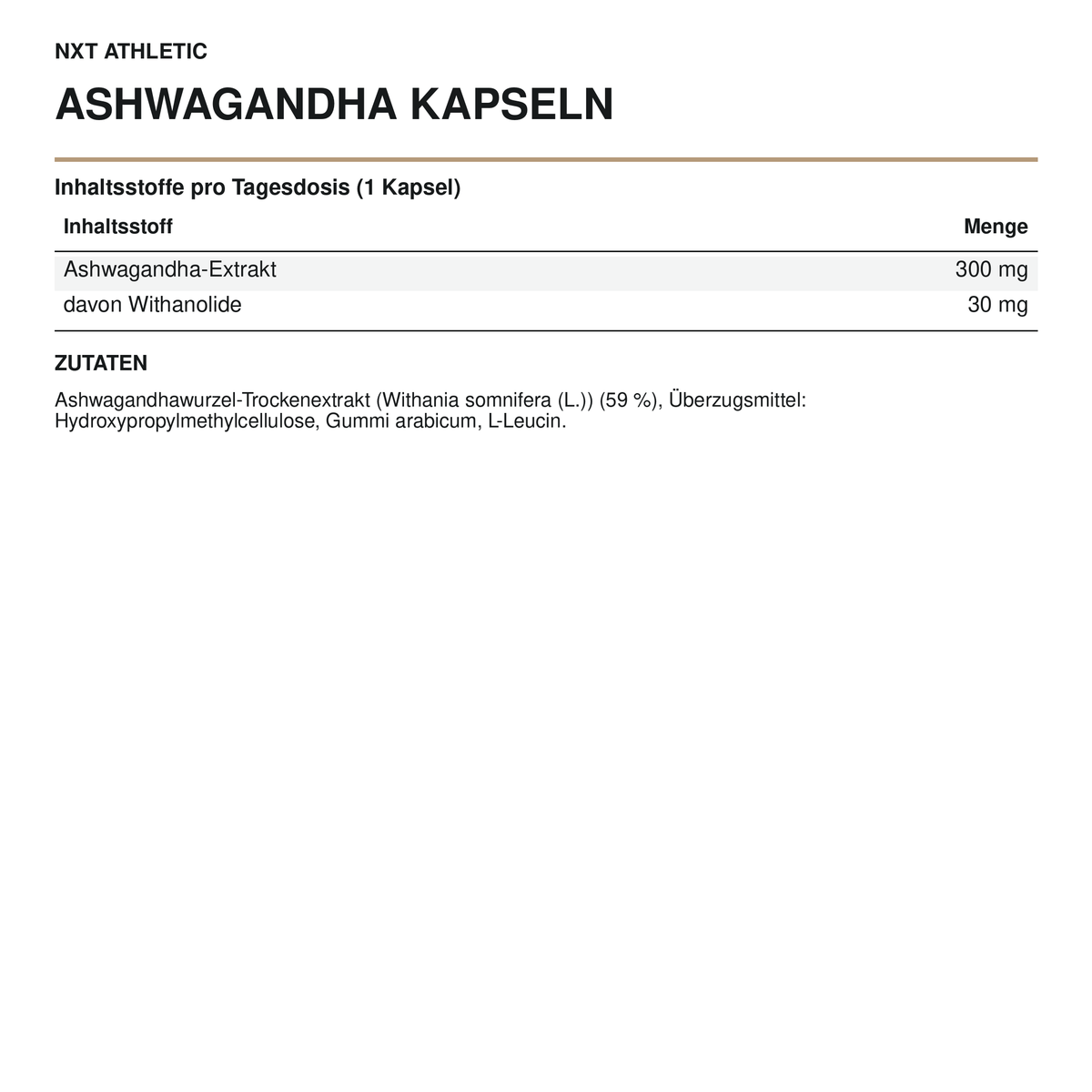 NXT Athletic Ashwagandha Kapseln – Inhaltsstoffe, Mengen und Zutaten