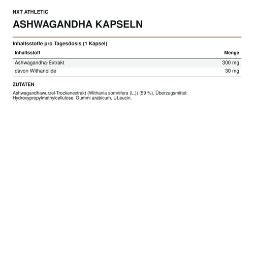 NXT Athletic Ashwagandha Kapseln – Inhaltsstoffe, Mengen und Zutaten