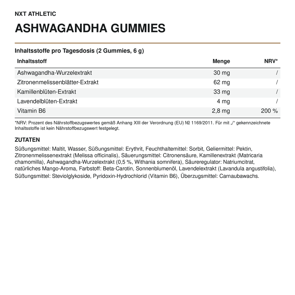 NXT Athletic Ashwagandha Gummies – Inhaltsstoffe, Mengen und Zutaten
