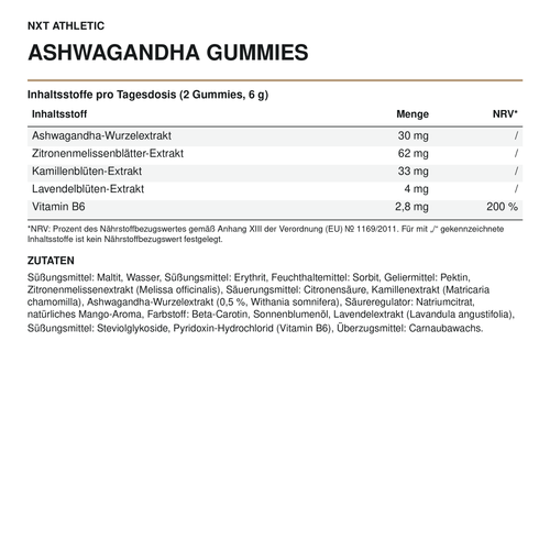 NXT Athletic Ashwagandha Gummies – Inhaltsstoffe, Mengen und Zutaten