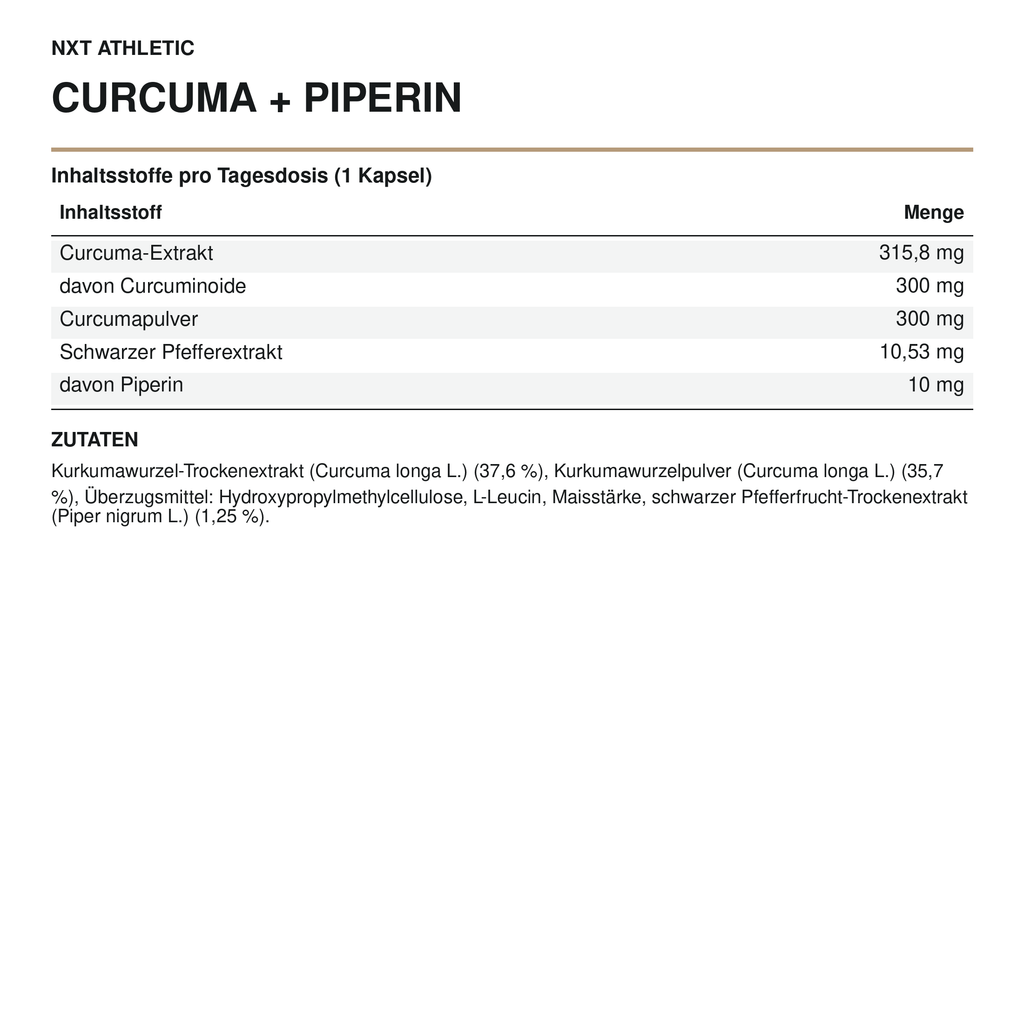 NXT Athletic Curcuma + Piperin – Inhaltsstoffe, Mengen und Zutaten