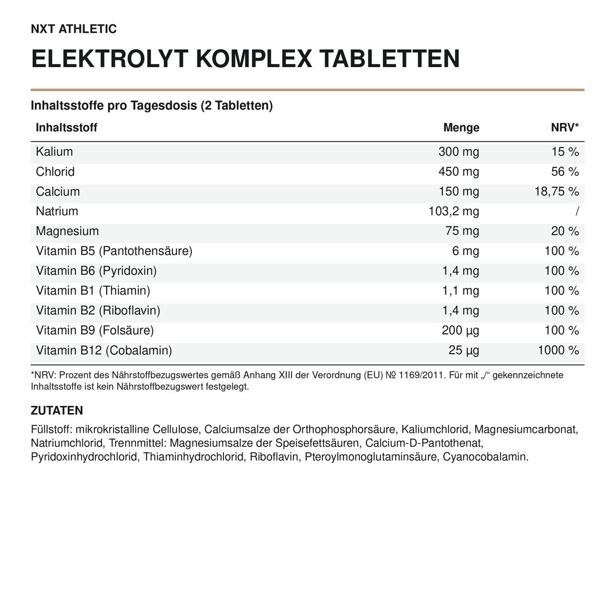 NXT Athletic Elektrolyt Komplex Tabletten – Inhaltsstoffe, Mengen und Zutaten