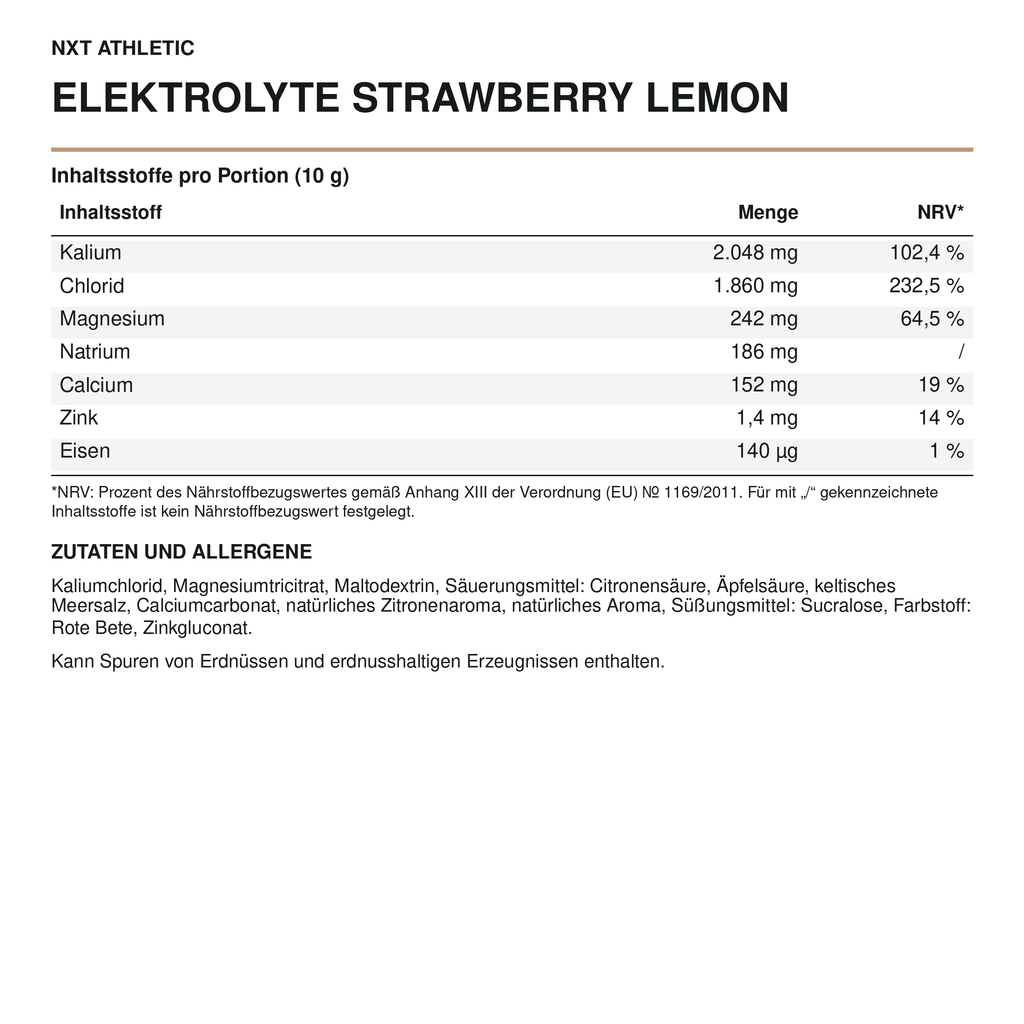 NXT Athletic Elektrolyte Strawberry Lemon – Inhaltsstoffe, Mengen und Zutaten