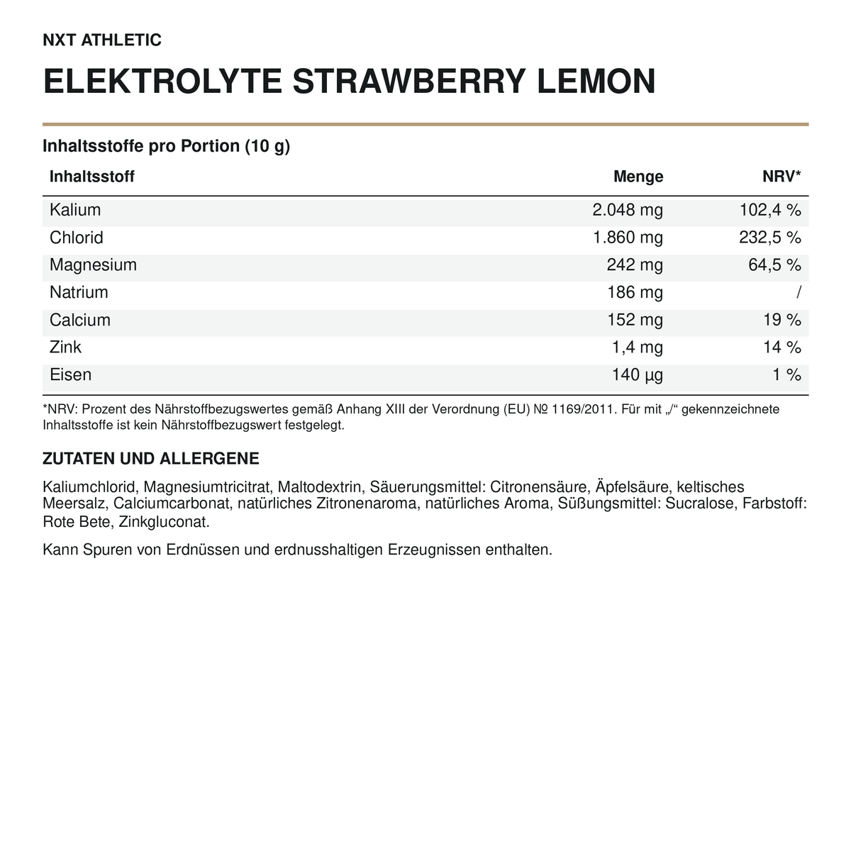 NXT Athletic Elektrolyte Strawberry Lemon – Inhaltsstoffe, Mengen und Zutaten