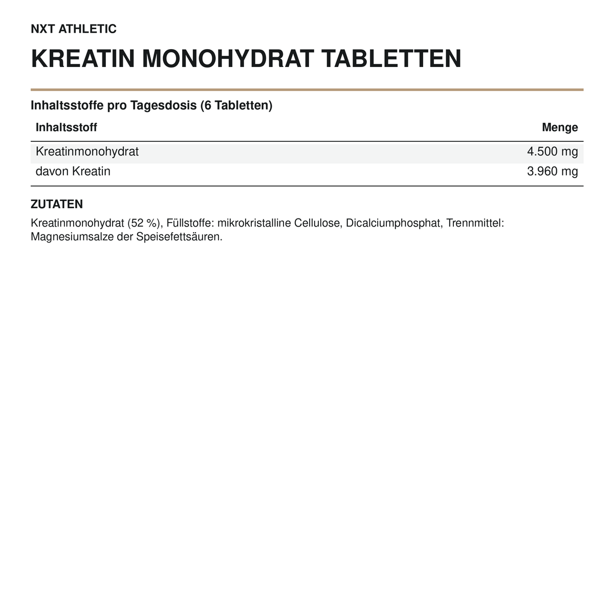 NXT Athletic Kreatin Monohydrat Tabletten – Inhaltsstoffe, Mengen und Zutaten