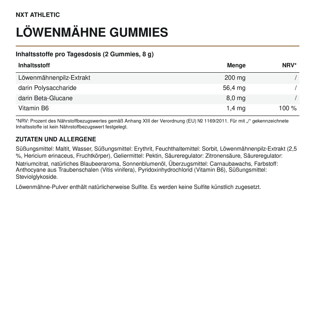 NXT Athletic Löwenmähne Gummies – Inhaltsstoffe, Mengen und Zutaten