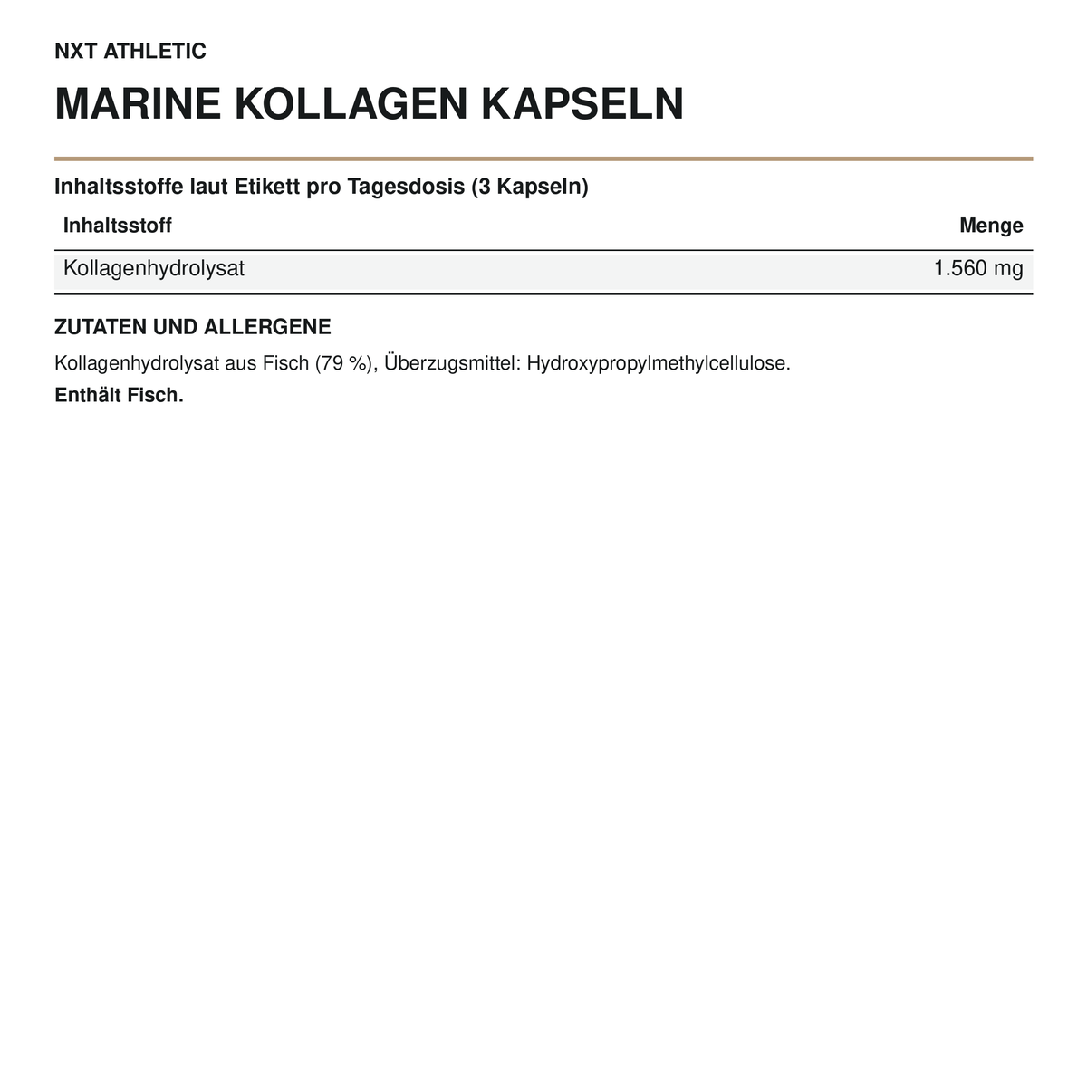 NXT Athletic Marine Kollagen Kapseln – weiße Datentafel mit Inhaltsstoffen und Zutaten