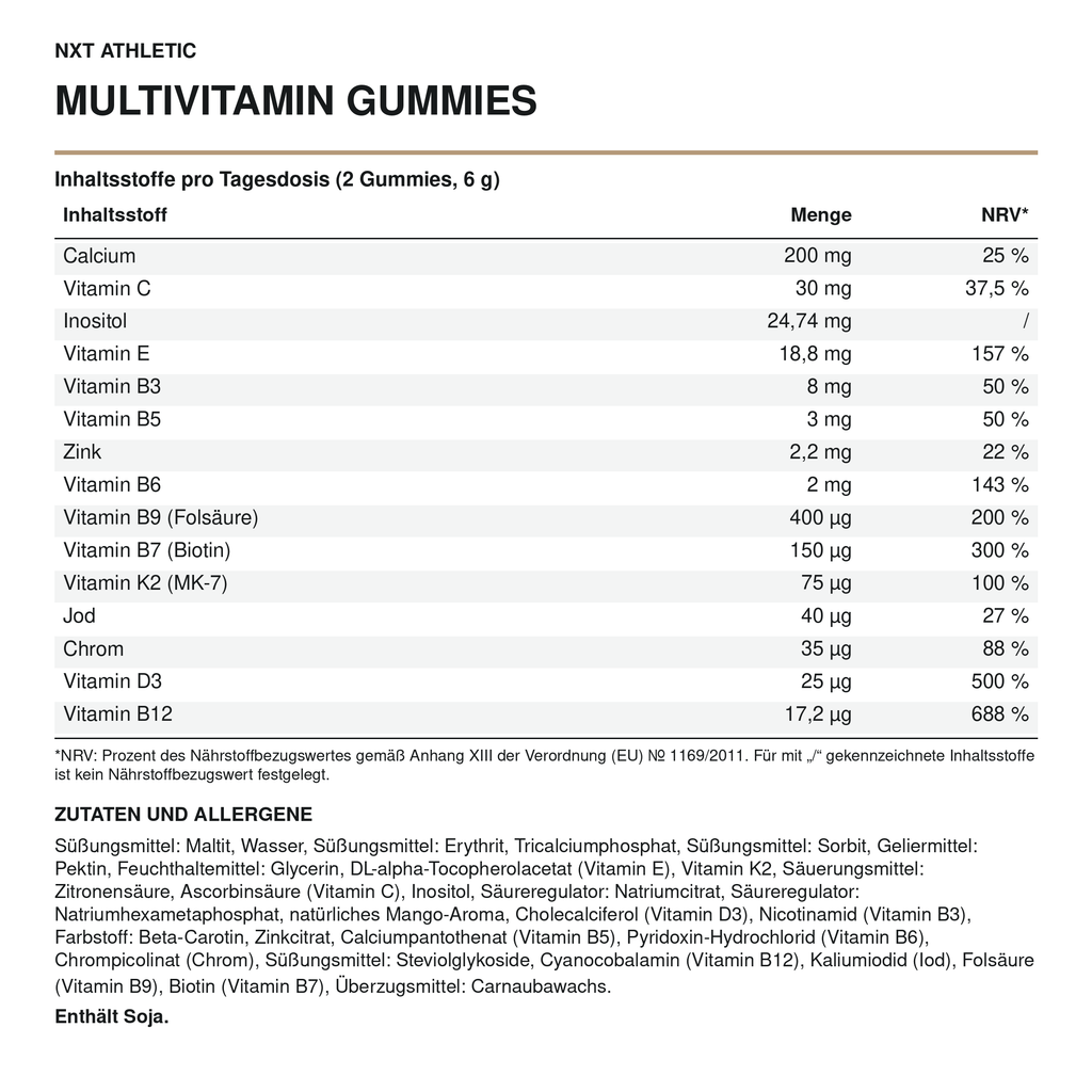 NXT Athletic Multivitamin Gummies – Inhaltsstoffe, Mengen und Zutaten