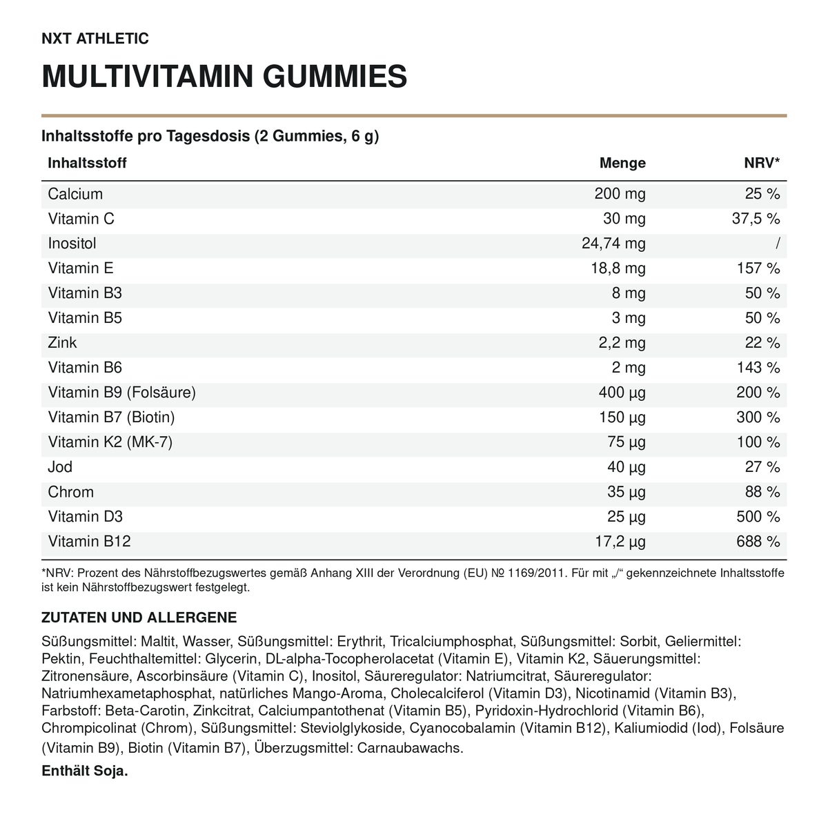 NXT Athletic Multivitamin Gummies – Inhaltsstoffe, Mengen und Zutaten