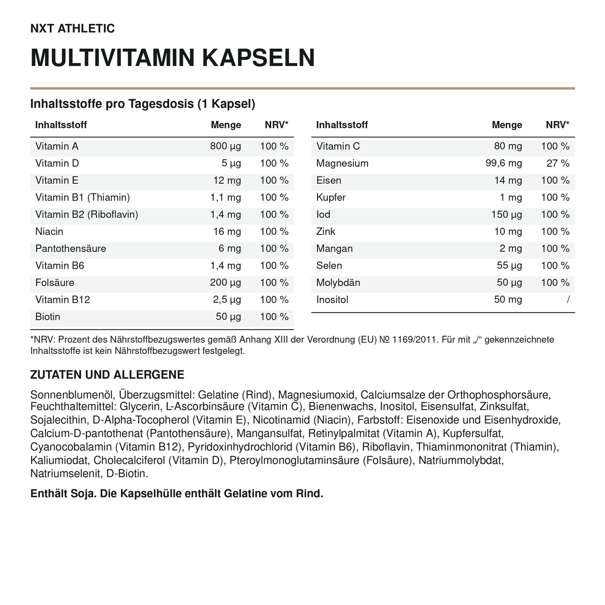 NXT Athletic Multivitamin Kapseln – Inhaltsstoffe, Mengen und Zutaten