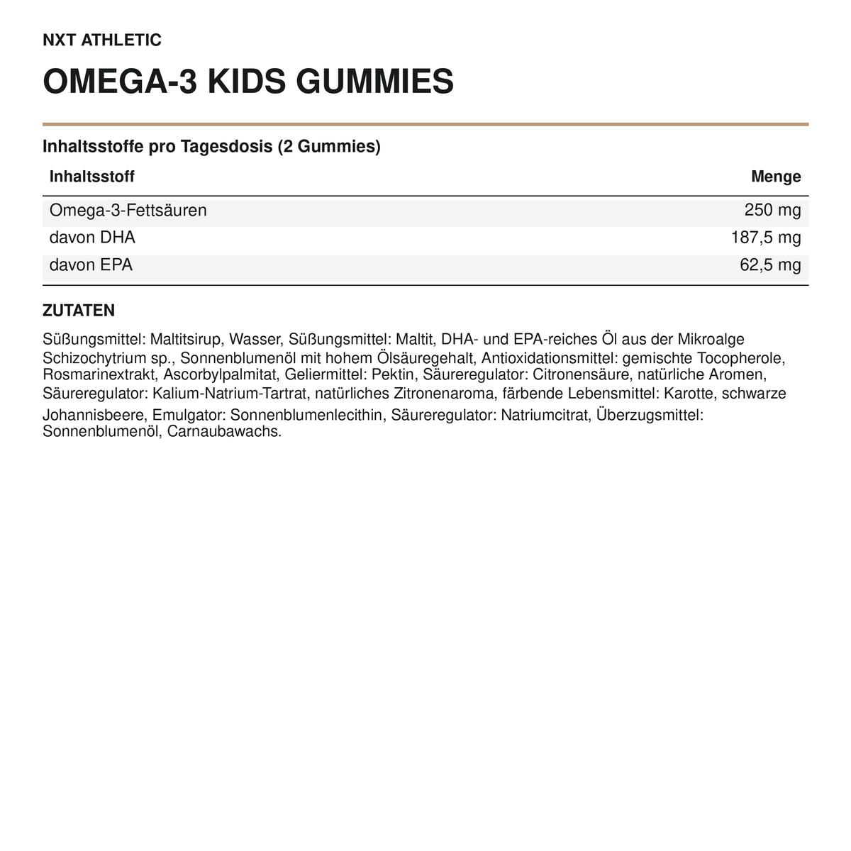 NXT Athletic Omega-3 Kids Gummies – Inhaltsstoffe, Mengen und Zutaten