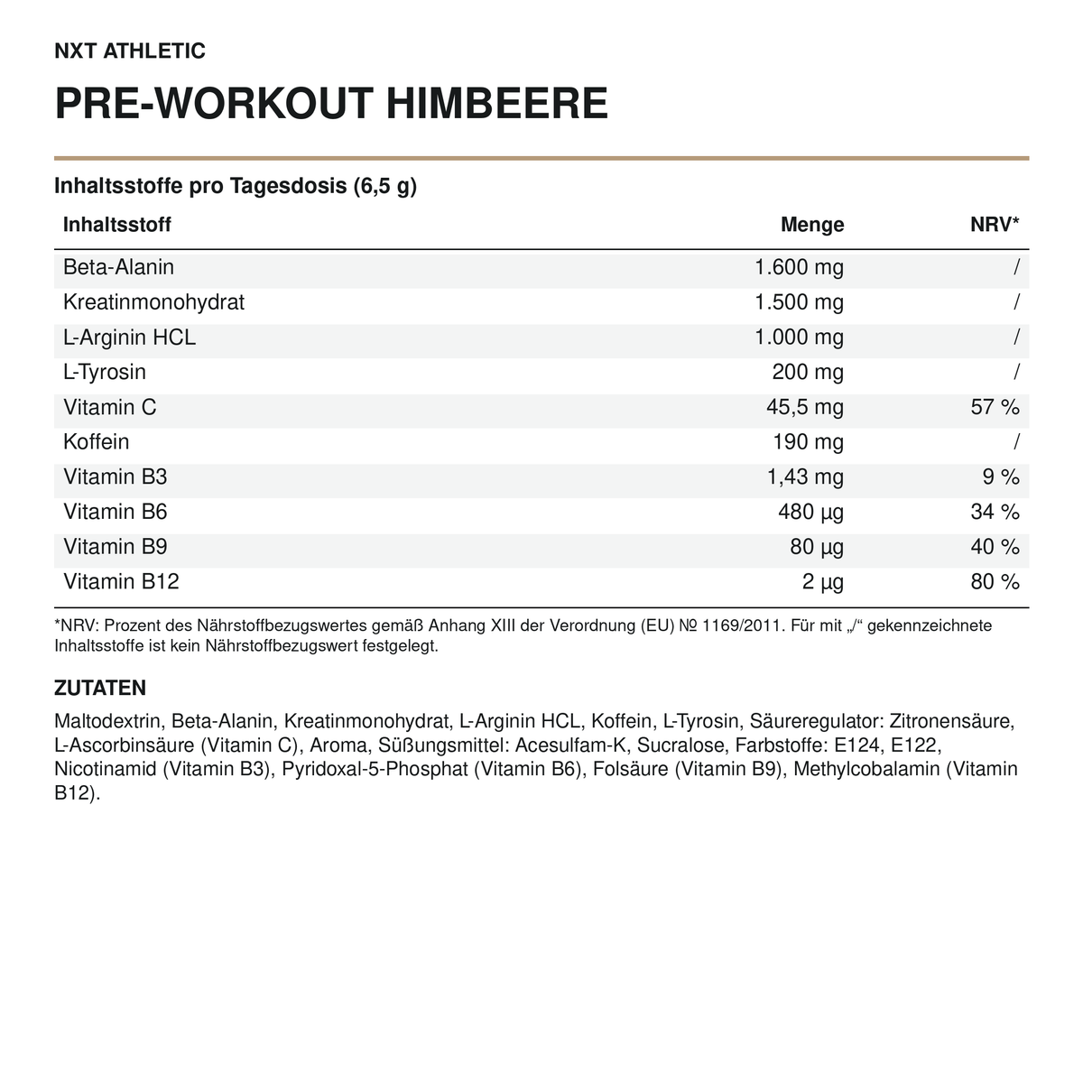 NXT Athletic Pre-Workout Himbeere – Inhaltsstoffe, Mengen und Zutaten