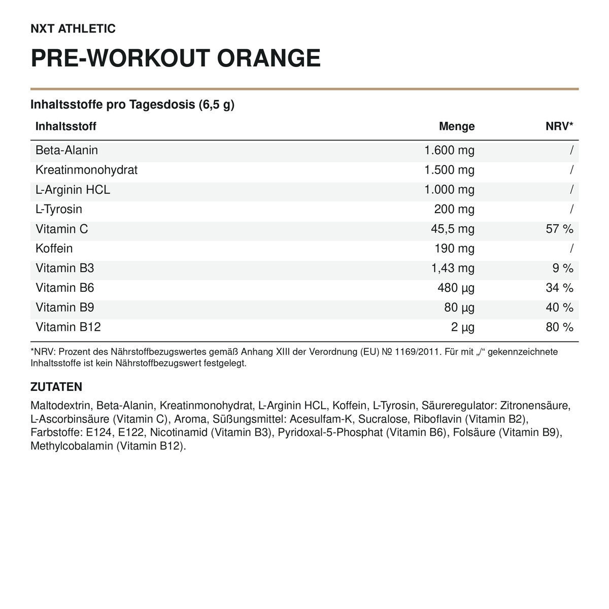 NXT Athletic Pre-Workout Orange – Inhaltsstoffe, Mengen und Zutaten