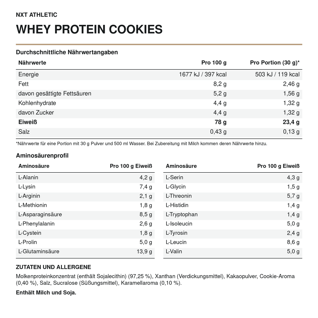 NXT Athletic Whey Protein Cookies – Nährwerte, Aminosäuren und Zutaten