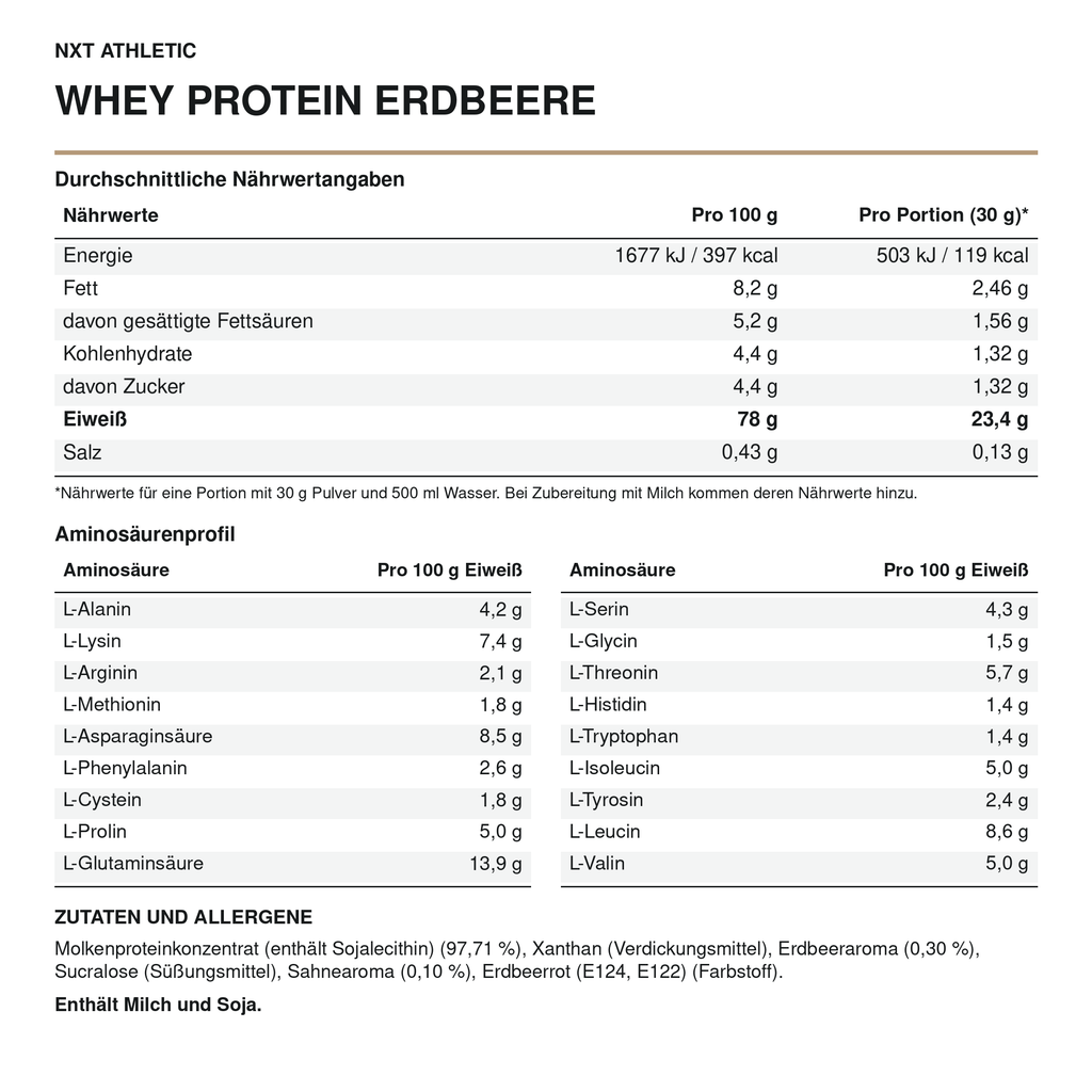 NXT Athletic Whey Protein Erdbeere – Nährwerte, Aminosäuren und Zutaten