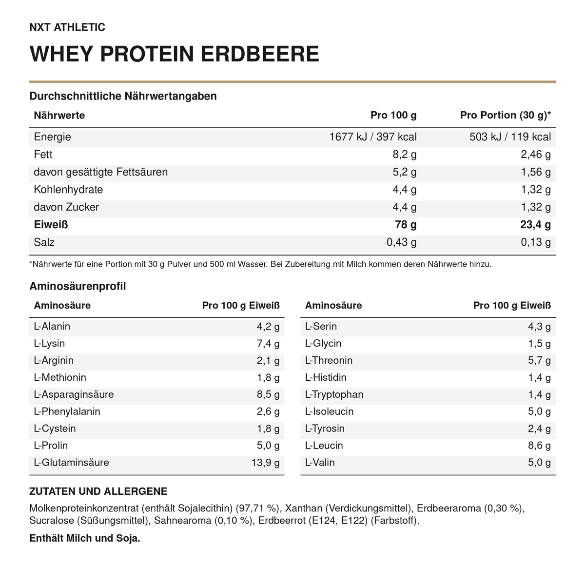 NXT Athletic Whey Protein Erdbeere – Nährwerte, Aminosäuren und Zutaten