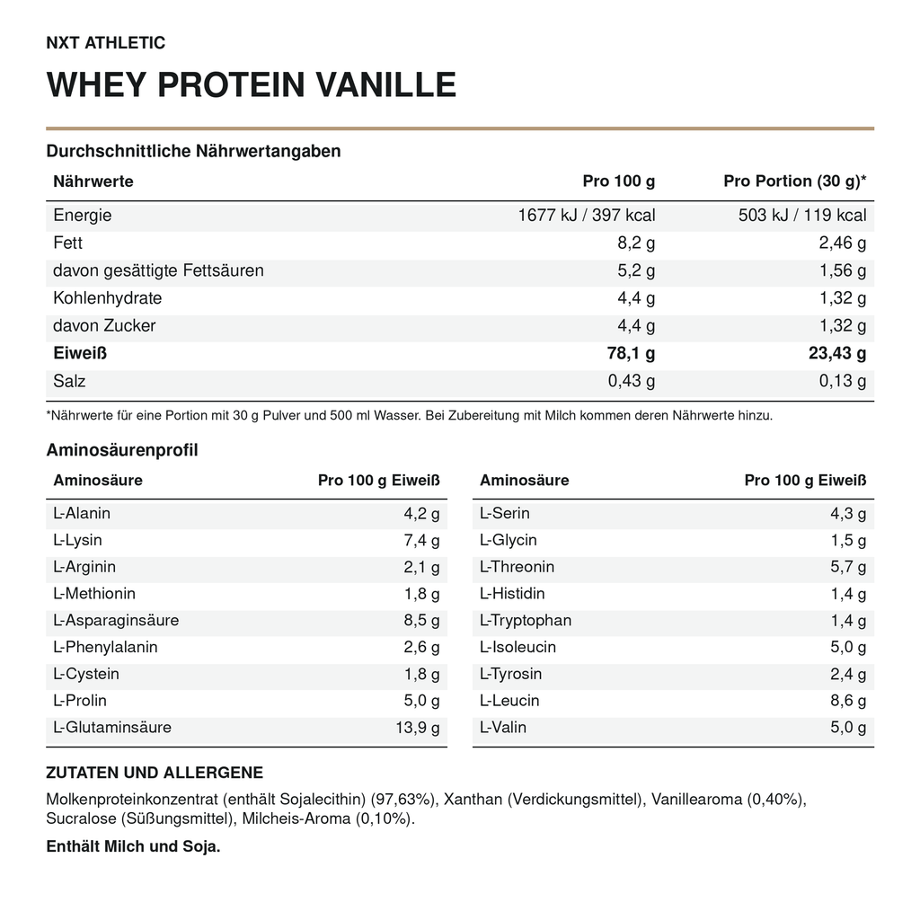 NXT Athletic Whey Protein Vanille – Nährwerte, Aminosäuren und Zutaten
