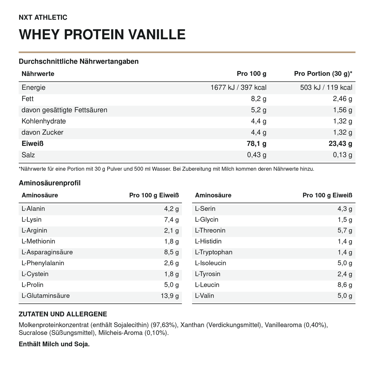 NXT Athletic Whey Protein Vanille – Nährwerte, Aminosäuren und Zutaten