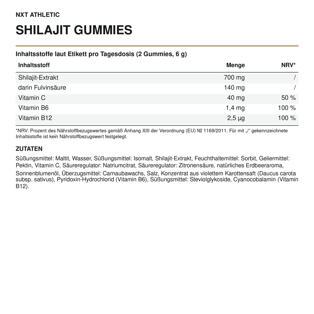 NXT Athletic Shilajit Gummies – weiße Datentafel mit Inhaltsstoffen und Zutaten