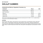 NXT Athletic Shilajit Gummies – weiße Datentafel mit Inhaltsstoffen und Zutaten