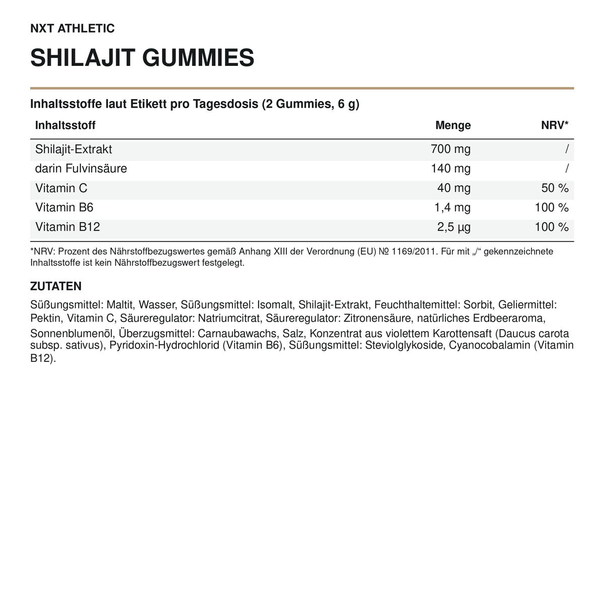 NXT Athletic Shilajit Gummies – weiße Datentafel mit Inhaltsstoffen und Zutaten