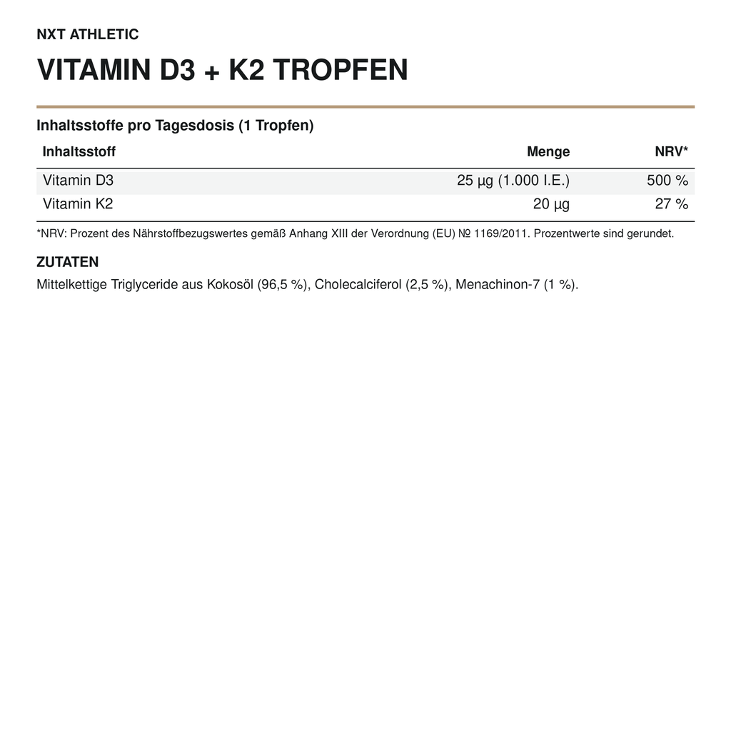 NXT Athletic Vitamin D3 + K2 Tropfen – Inhaltsstoffe, Mengen und Zutaten
