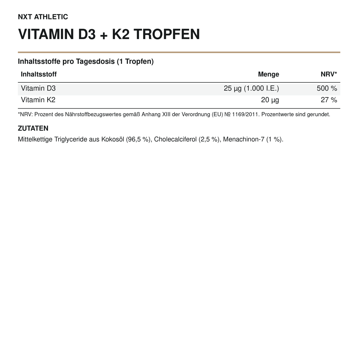 NXT Athletic Vitamin D3 + K2 Tropfen – Inhaltsstoffe, Mengen und Zutaten